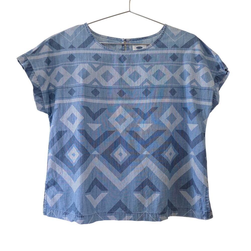 Old Navy Blue Chambray Geometric Print Short Sleeve Top Womens Size M